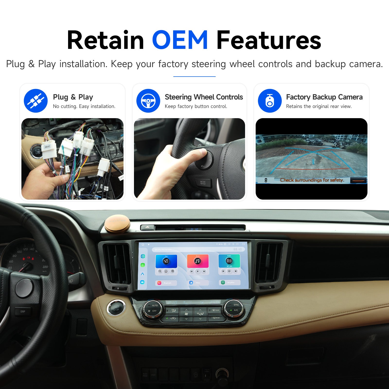 Dasaita RAV4 head unit plug and play installation – retains OEM steering wheel controls and backup camera