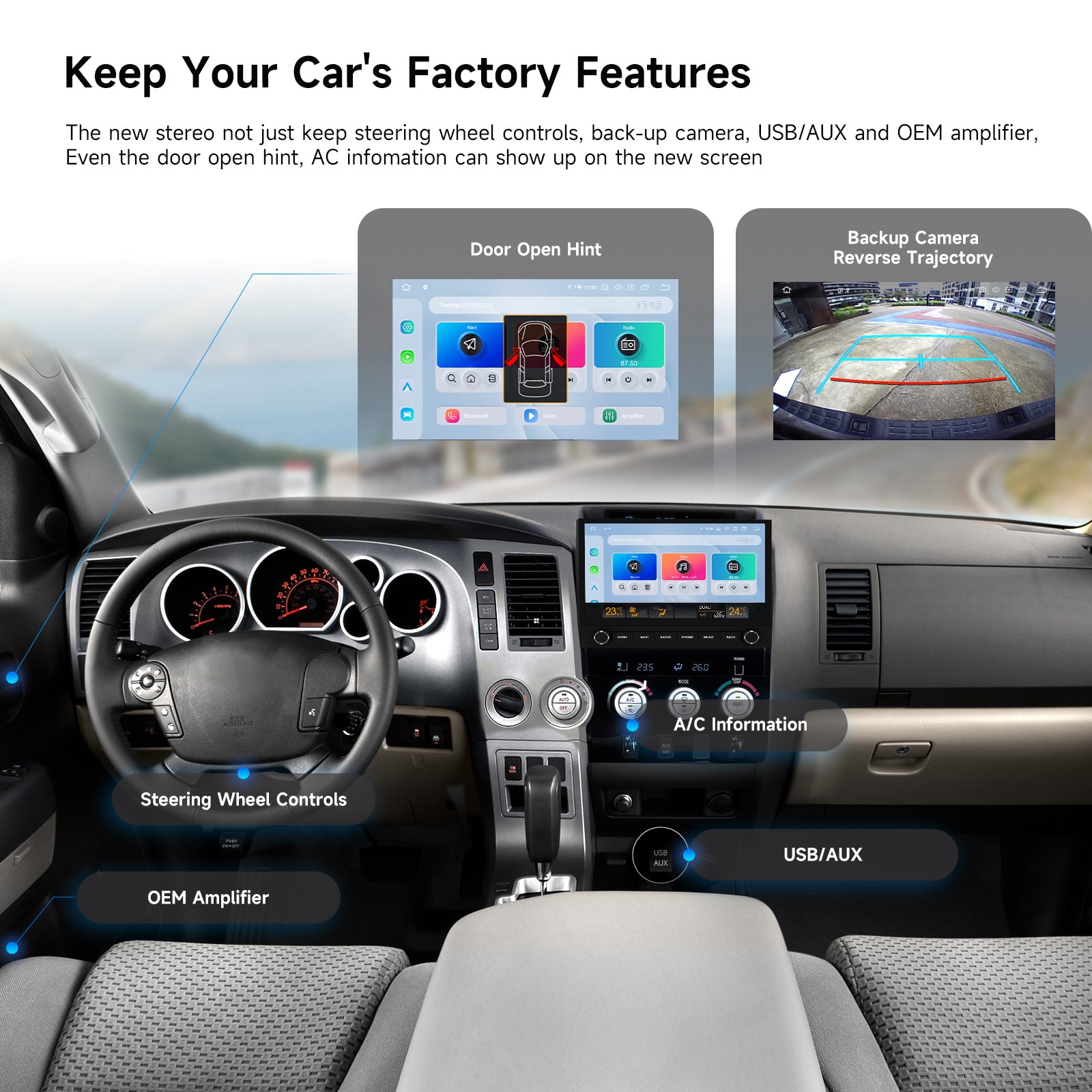 Plug and play Canbus decoder for Toyota Tundra factory JBL premium sound system retention and backup camera.