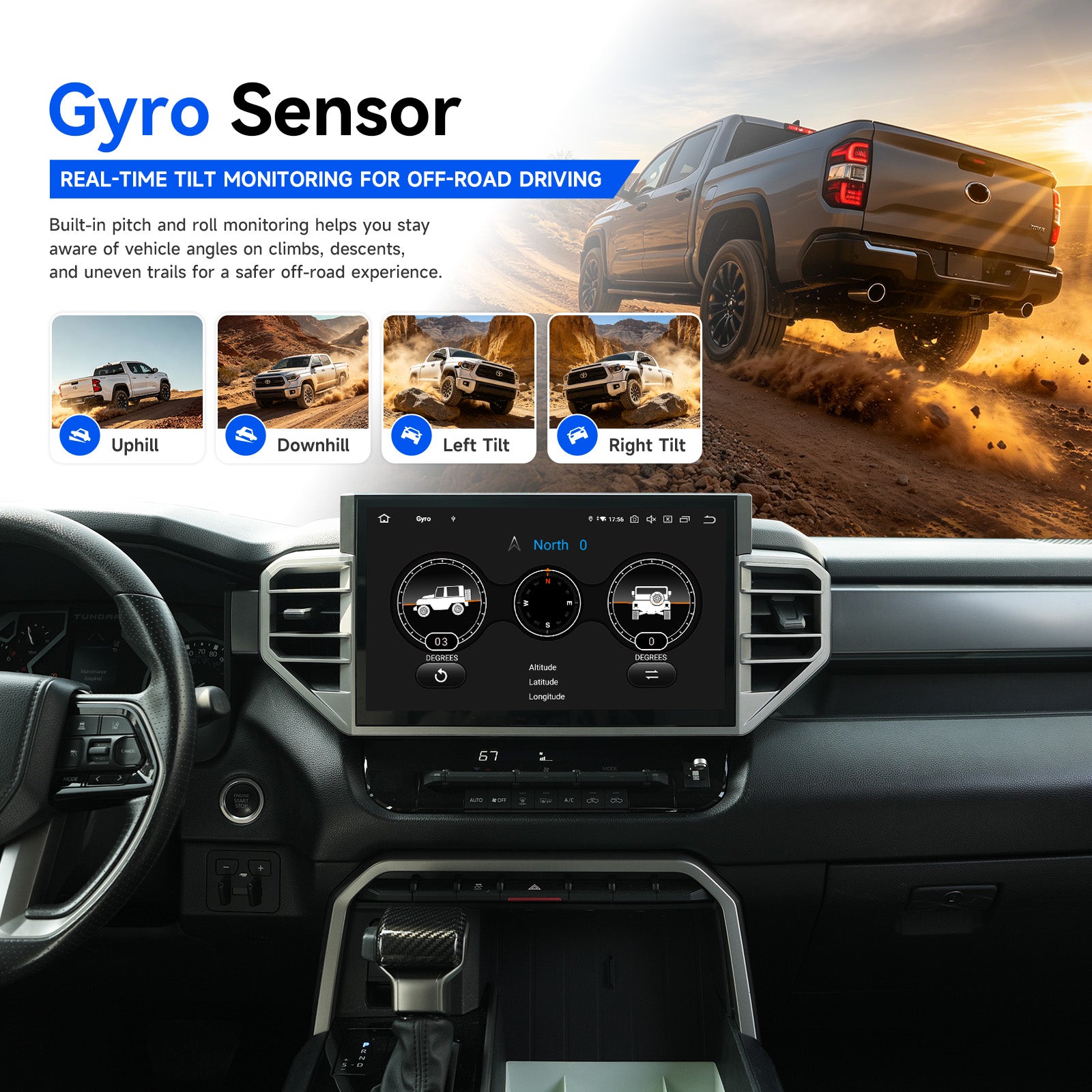 Dasaita Toyota Tundra stereo displaying Android 13 home screen with Gyro Sensor