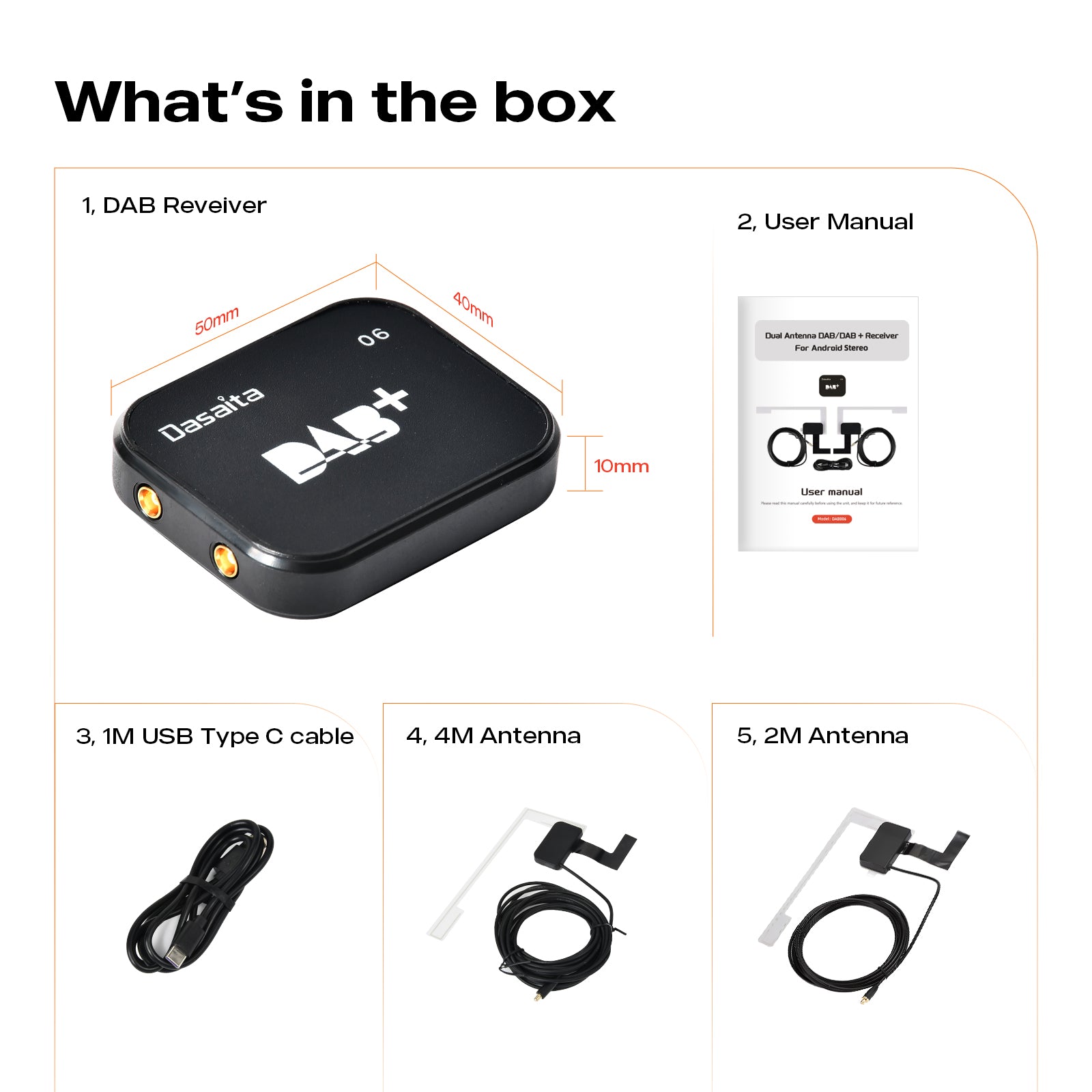 Dasaita Europe USB DAB Universal Extension Antenna Dual Receiver Adapter External Car Kit Digital Audio Broadcast DAB DAB+ Radio Antenna for Universal Android Car Radio Accessory