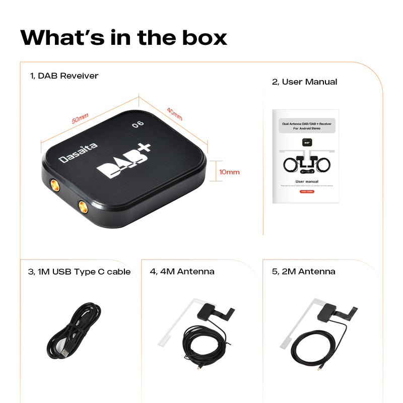 Dasaita Europe USB DAB Universal Extension Antenna Dual Receiver Adapter External Car Kit Digital Audio Broadcast DAB DAB+ Radio Antenna for Universal Android Car Radio Accessory