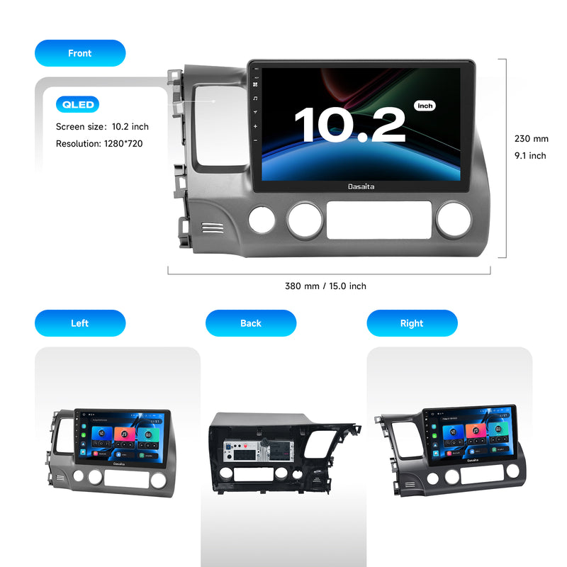 Dasaita Android13 Car Stereo for Honda Civic 2007-2011 Wireless Carplay & Android Auto Car Radio| Qualcomm 665 | 10.2" QLED Screen | Wifi+4G LTE |6G+64G|DTS|GPS Navigation Head Unit| Optical Output