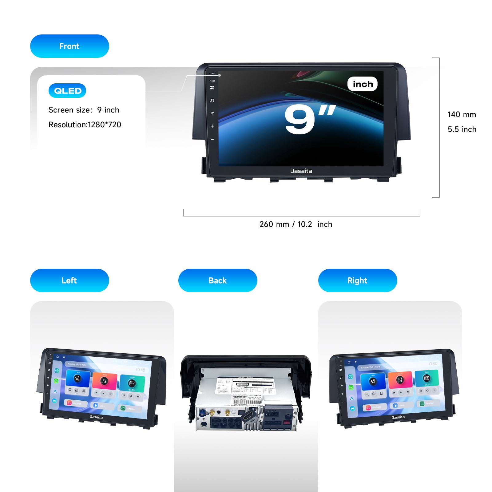 Dasaita Android13 Car Stereo for Honda Civic/SI/Type R 2015-2022 Wireless Carplay & Android Auto Car Radio | Qualcomm 665 | 9" QLED Screen | Wifi+4G LTE | 6G+64G | DTS Head Unit | Optical Output
