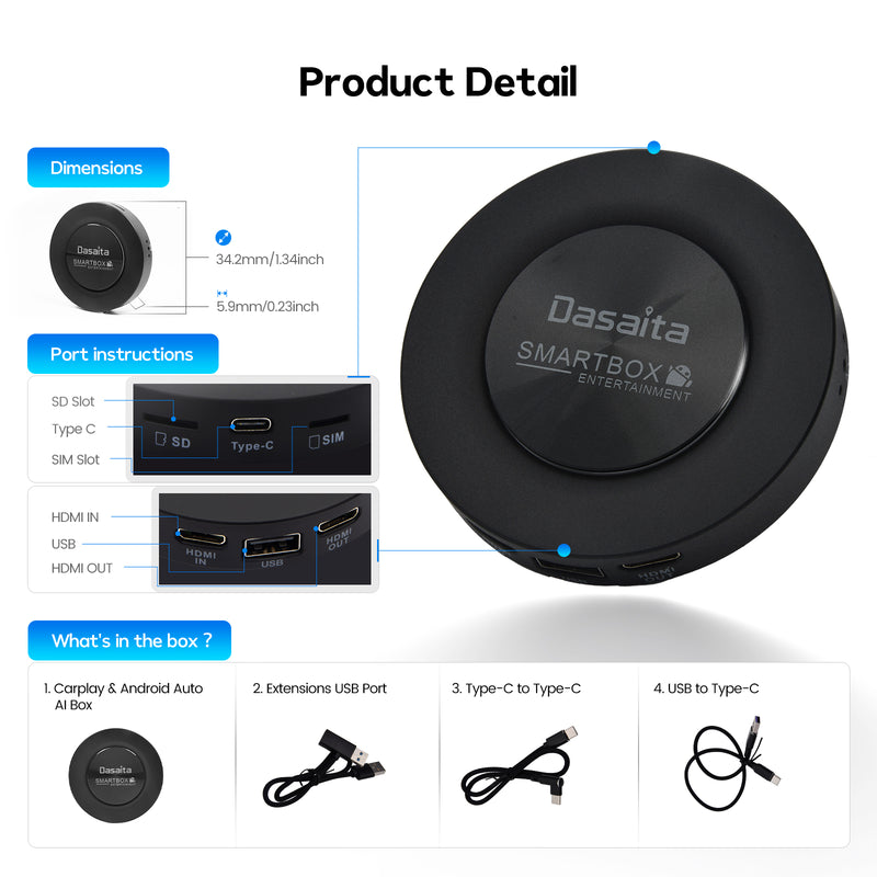 Dasaita Android 13 Carplay & Android Auto AI Box/Adapter, Voice Control/Real-time GPS/Online Music, Plug-and-Play, 8G+128G Qualcomm 660 CPU, Support HDMI Output, 4G Cellular, OEM Wired Carplay Port