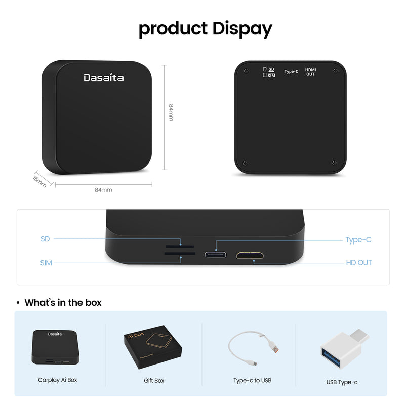 Dasaita Car AI Box Original Carplay to Android 10 USB Plug and Play Mini Box RAM 4G ROM 64G HDMI (Wireless&Wired)