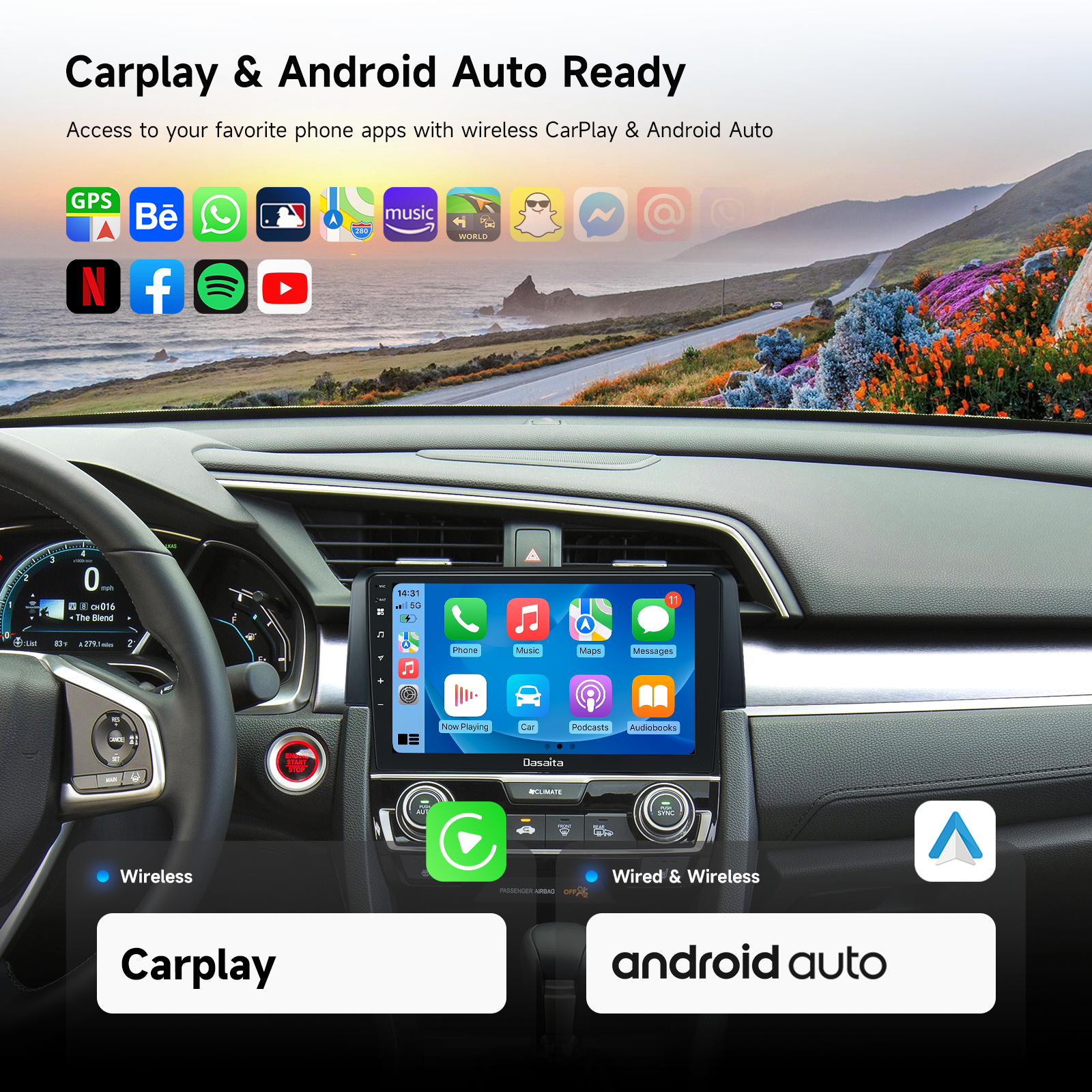 Dasaita Android13 Car Stereo for Honda Civic/SI/Type R 2015-2022 Wireless Carplay & Android Auto Car Radio | Qualcomm 665 | 9" QLED Screen | Wifi+4G LTE | 6G+64G | DTS Head Unit | Optical Output