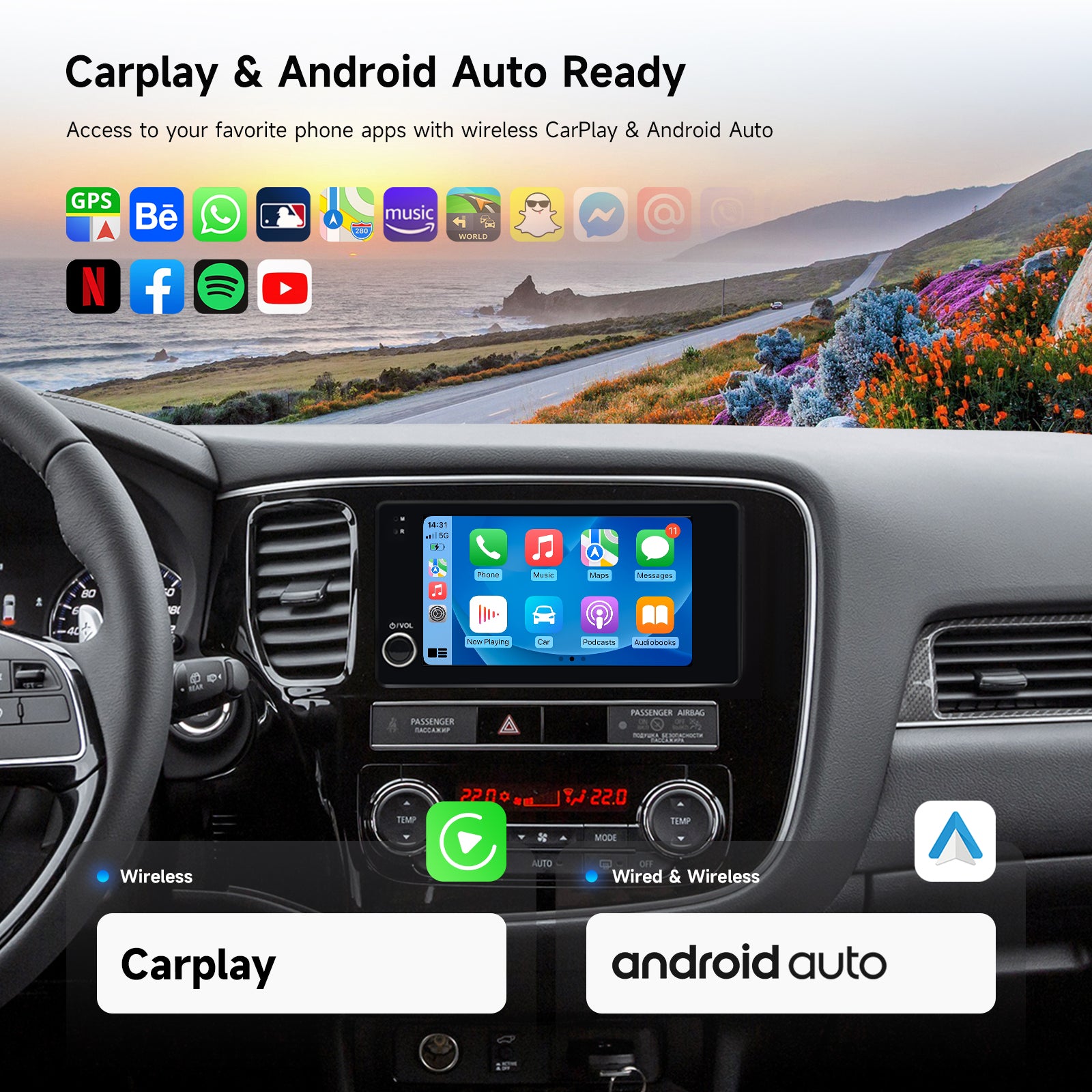 Dasaita Android 13 Car Stereo for Mitsubishi Outlander / Lancer / ASX / Pajero (2007–2019) – Wireless CarPlay & Android Auto, 7” QLED, Knob Control, Rockford & OEM Camera Compatible