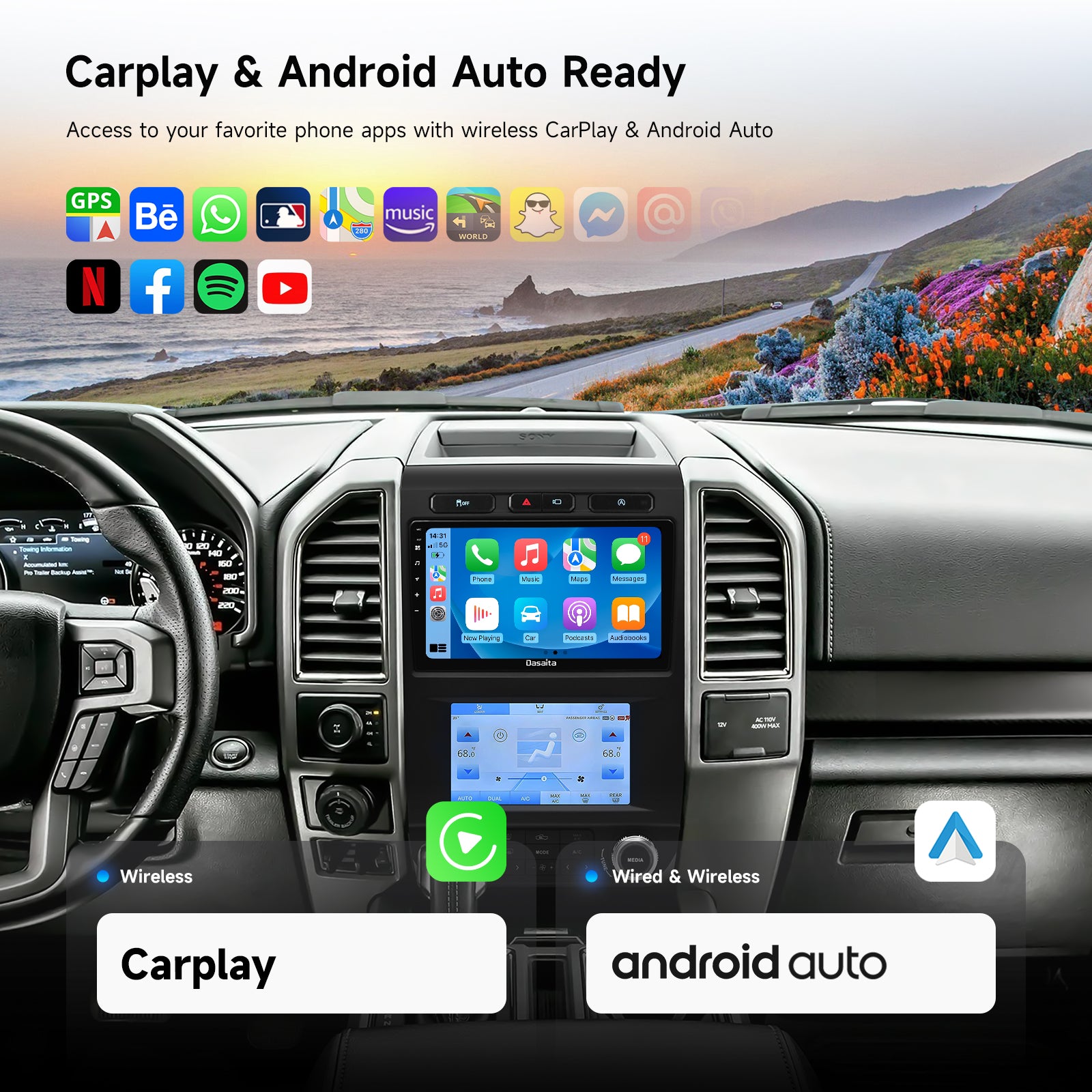 Dasaita Android13 Car Stereo for Ford F150 2015-2018 Wireless Carplay & Android Auto Car Radio | Qualcomm 665 | 9" QLED Screen | Wifi+4G LTE | 8G+256G| DTS|GPS Navigation Head Unit | Optical Output