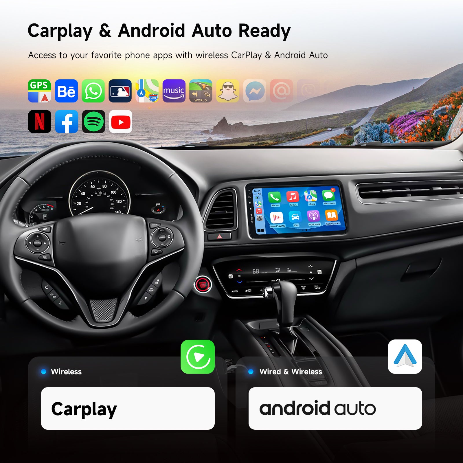 Dasaita Android13 Infotainment System for Honda HR-V / Vezel 2013-2022 - 9" QLED Floating Touchscreen, 6GB RAM, Wireless CarPlay & Android Auto, OEM Camera & LaneWatch Retained