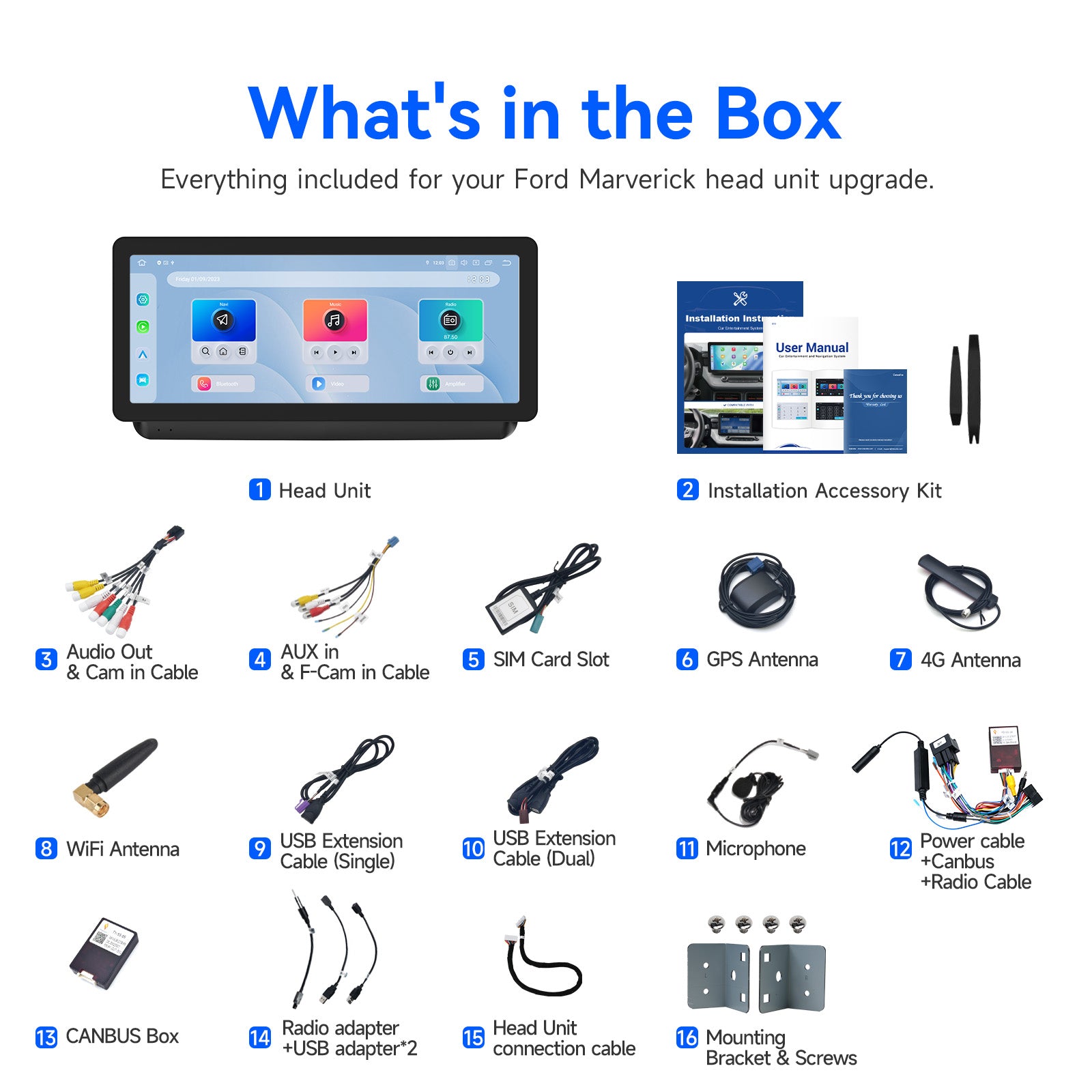 Ford Maverick head unit complete package – includes GPS antenna 4G antenna CANBUS box wiring harness and installation kit