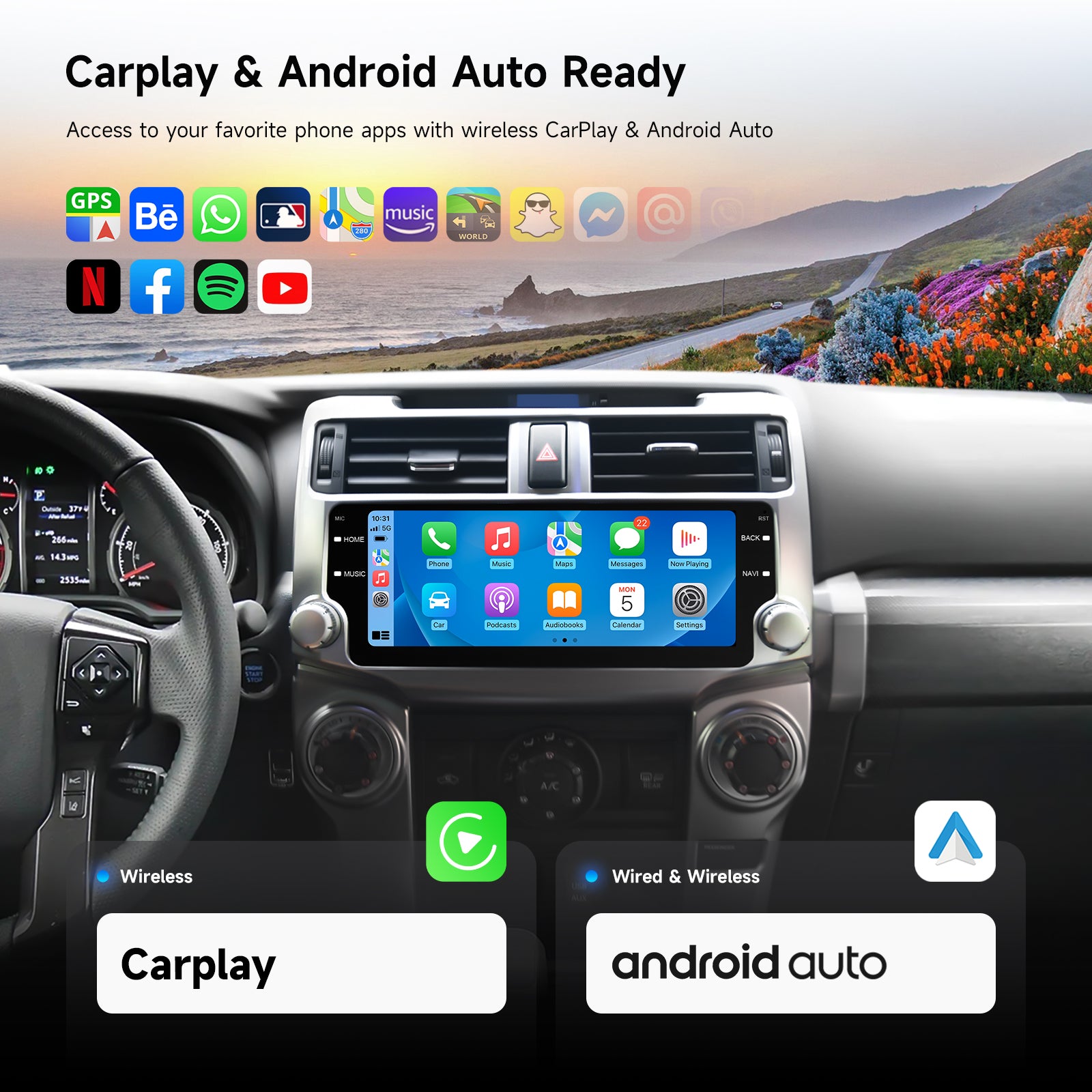 Dasaita Android13 Car Stereo for Toyota 4Runner 2010-2023 Silver Wireless Carplay & Android Auto Car Radio | Qualcomm 665 | 10.25" 2K QLED Screen | Wifi+4G LTE | 6G/8G+64G/256G | DTS|GPS Navigation Head Unit | Optical Output