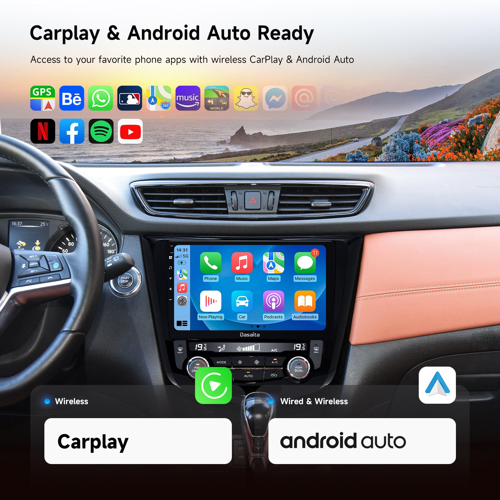 Dasaita Android13 Car Stereo for Nissan X-Trail Qashqai Rogue 2014-2020 Wireless Carplay & Android Auto Car Radio | Qualcomm 665 | 10.2" QLED Screen | Wifi+4G LTE | 6G/8G+64G/256G| DAB+|SWC|GPS Navigation Head unit|DTS| Optical Output