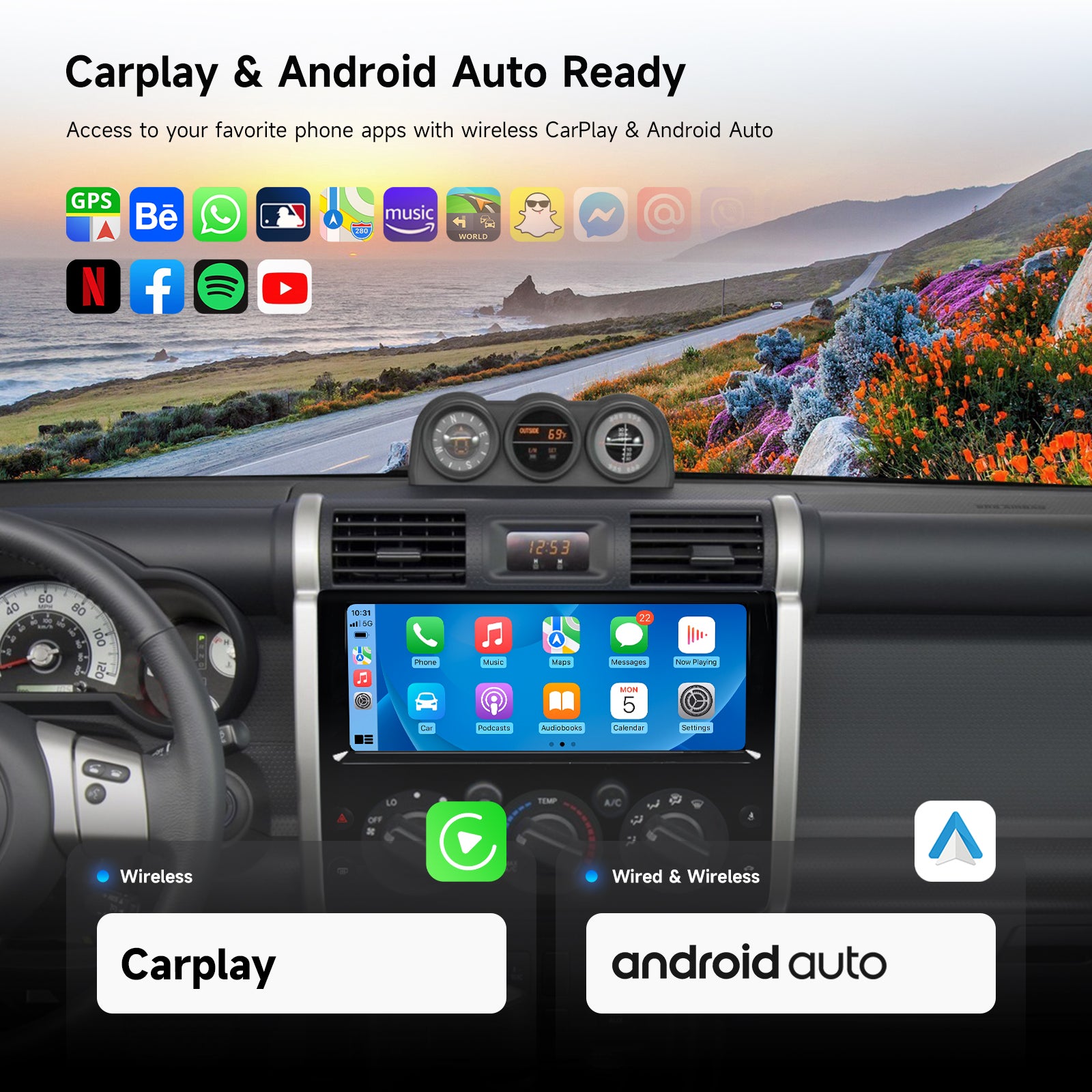 Dasaita Android13 Car Stereo for Toyota FJ Cruiser 2007-2018 Black Wireless Carplay & Android Auto Car Radio | Qualcomm 665 | 12.3" 2K QLED Screen | Wifi+4G LTE | 6G+64G | DTS|GPS Navigation Head Unit | Optical Output