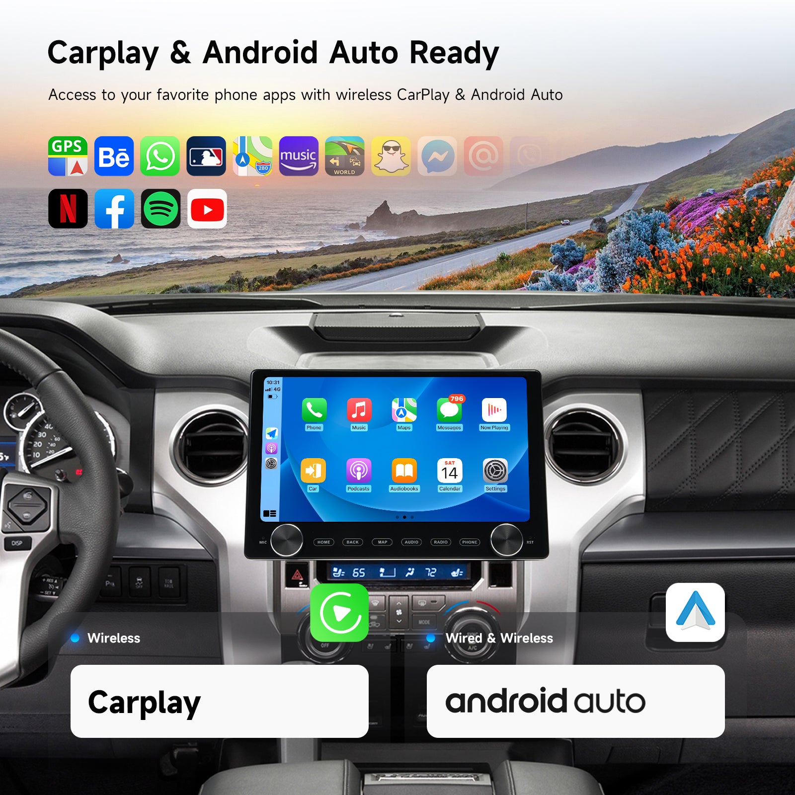 Dasaita 10.2" Universal Double Din Car Stereo with Rotary Knobs | Wireless CarPlay Android Auto | Android 13 Head Unit | QLED Touchscreen | GPS Navigation | 6G+64G/8G+256G | DTS Audio