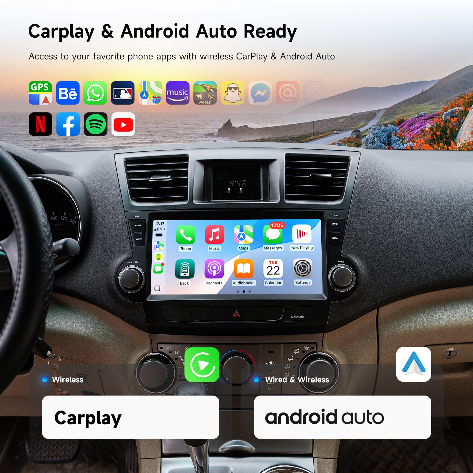 Dasaita 10.33'' Car Stereo for Toyota Highlander 2007-2014 | Android 13 Head Unit with Wireless Apple CarPlay Android Auto, 6GB+64GB GPS Navigation, Dual Knobs Plug & Play Car Radio