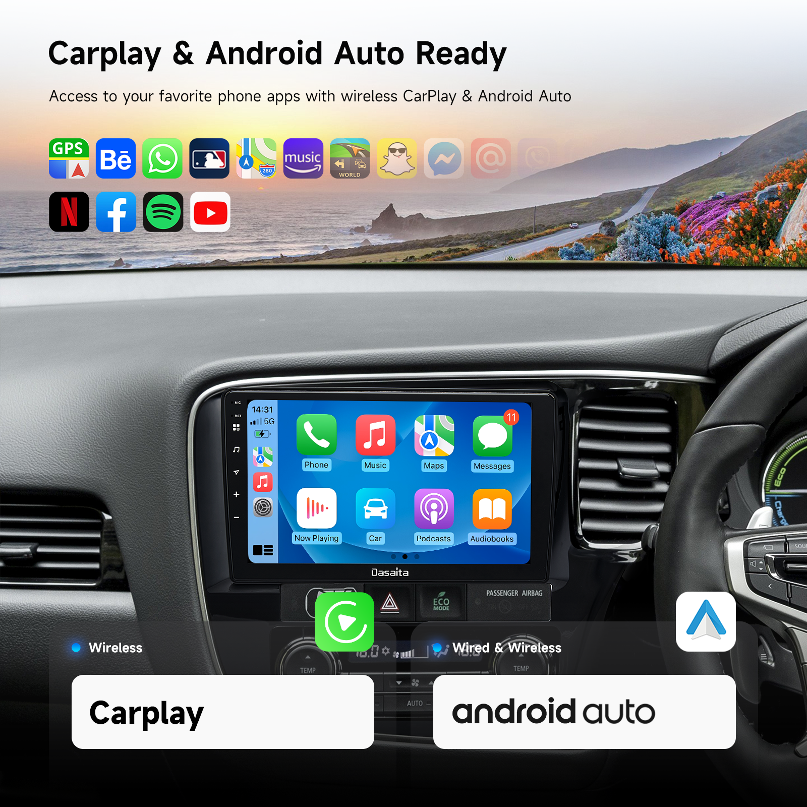 Dasaita Android 13 Car Stereo for Mitsubishi Outlander 2014 2015 2016 2017 Wireless Carplay & Android Auto Car Radio | Qualcomm 665 | 9" QLED Screen | Wifi+4G LTE | 6G+64G | DTS Head Unit | Optical Output