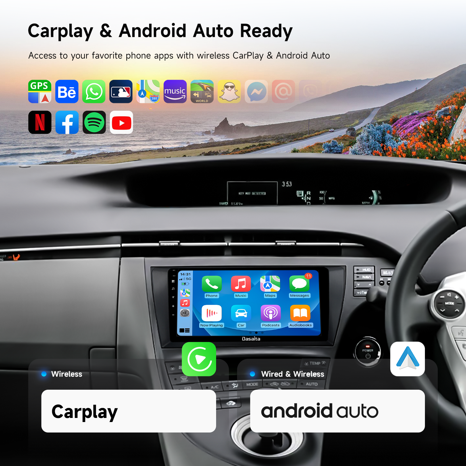 Dasaita Android13 Car Stereo for Toyota Prius 2009-2013 Wireless Carplay & Android Auto Car Radio | Qualcomm 665 | 9" QLED Screen | Wifi+4G LTE | 6G+64G | DTS|GPS Navigation Head Unit | Optical Output