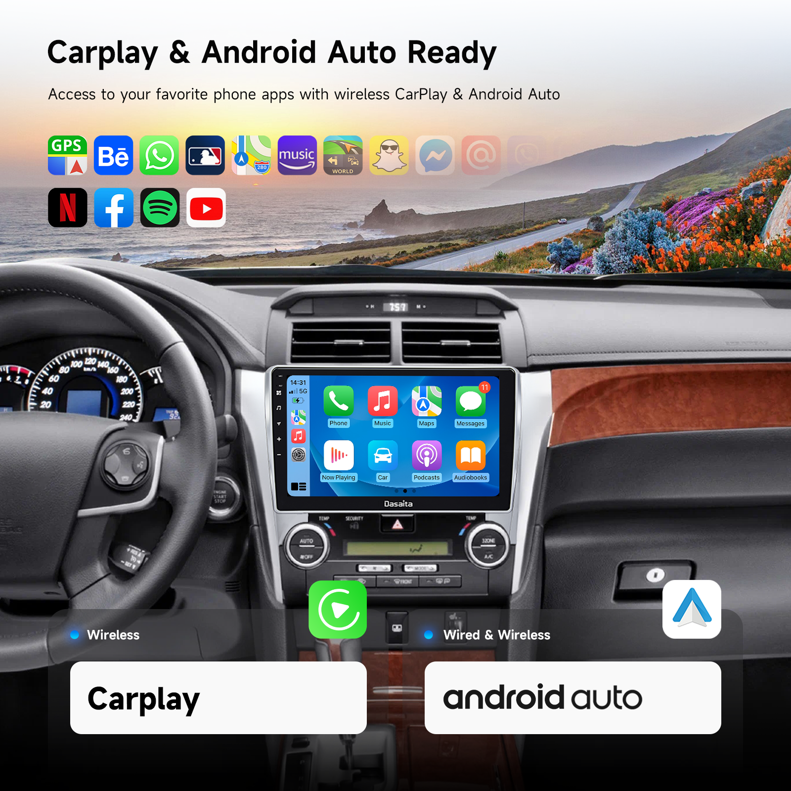 Dasaita 10.2" Android 13 Car Stereo for Toyota Camry 2012-2014 (Asian Version) | Wireless CarPlay & Android Auto | Qualcomm 665 | QLED Screen | WiFi+4G LTE | 6G+64G | DTS | GPS | Optical Output