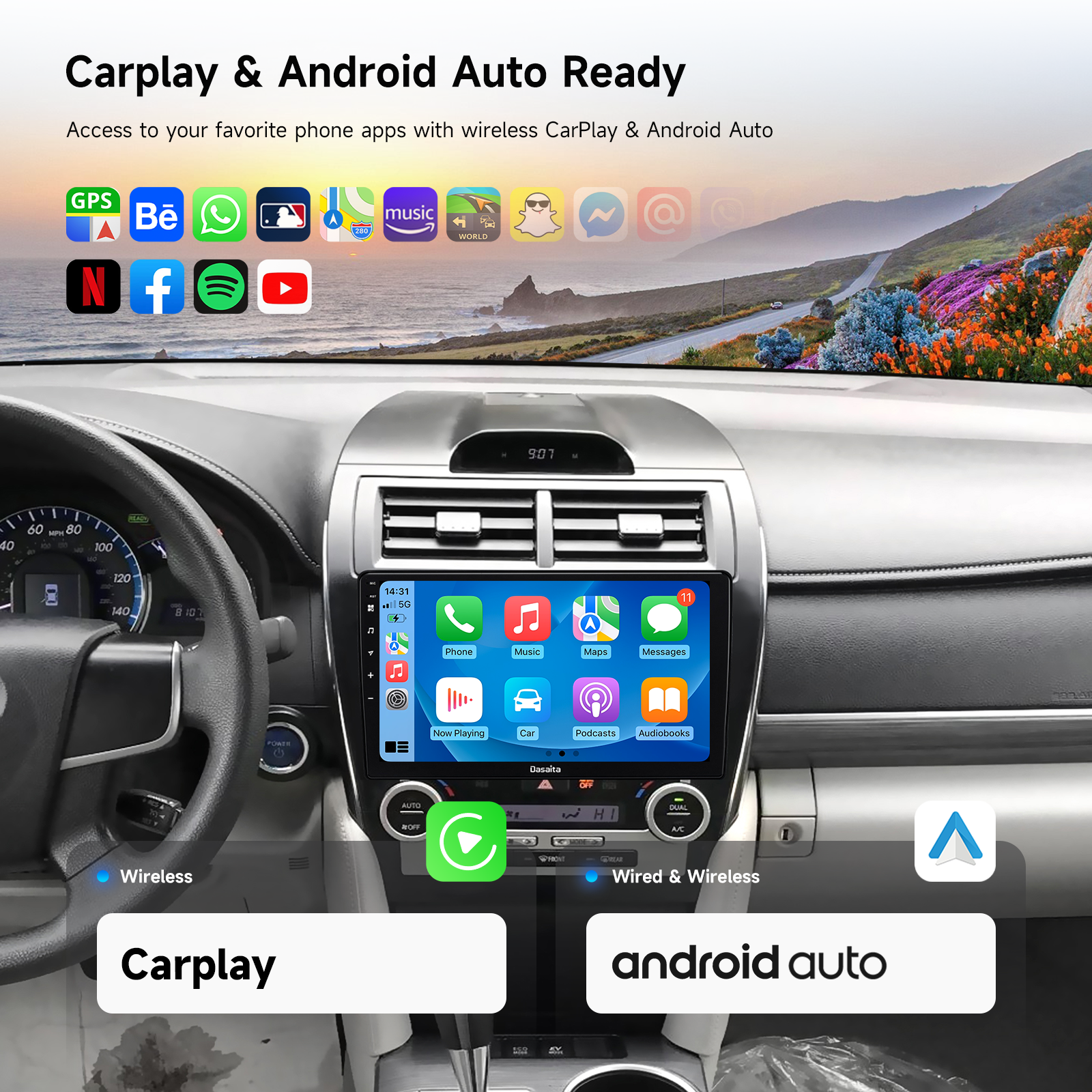 Dasaita Android 13 Car Stereo for Toyota Camry 2012 2013 2014 Wireless Carplay & Android Auto Car Radio | Qualcomm 665 | 10.2" QLED Screen | Wifi+4G LTE | 6G+64G | DTS Head Unit | Optical Output