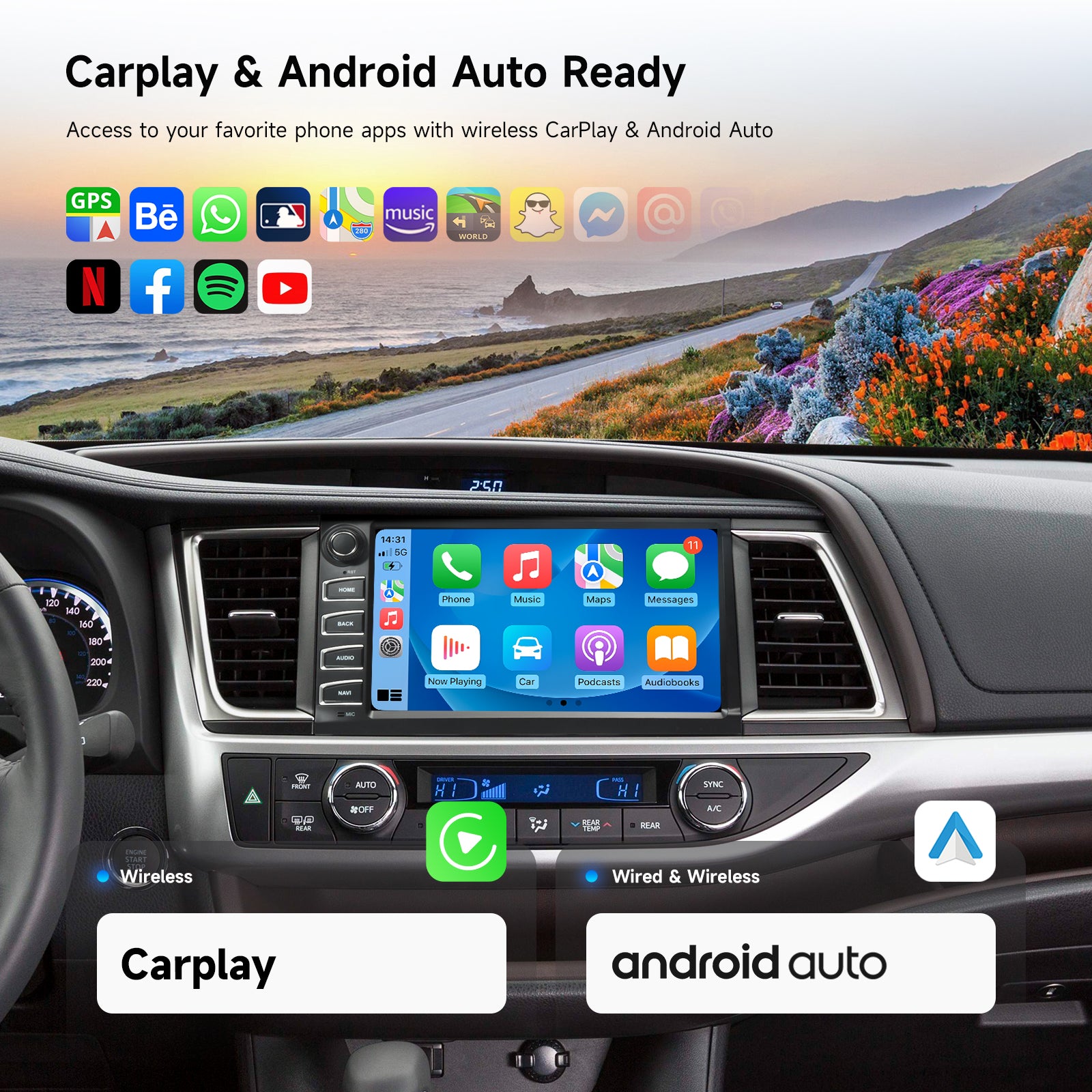 Dasaita 10.2″ Android 13 Car Stereo for Toyota Highlander 2015-2016-2017-2018-2019, Plug & Play Radio with Wireless Apple CarPlay & Android Auto, Qualcomm 665 6+64/8+256GB, TDA7808 Amp, Retains OEM Features