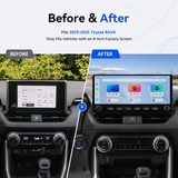 Before-and-after Toyota RAV4 dashboard with a Dasaita 12.3-inch QLED stereo, labeled 2023–2025.