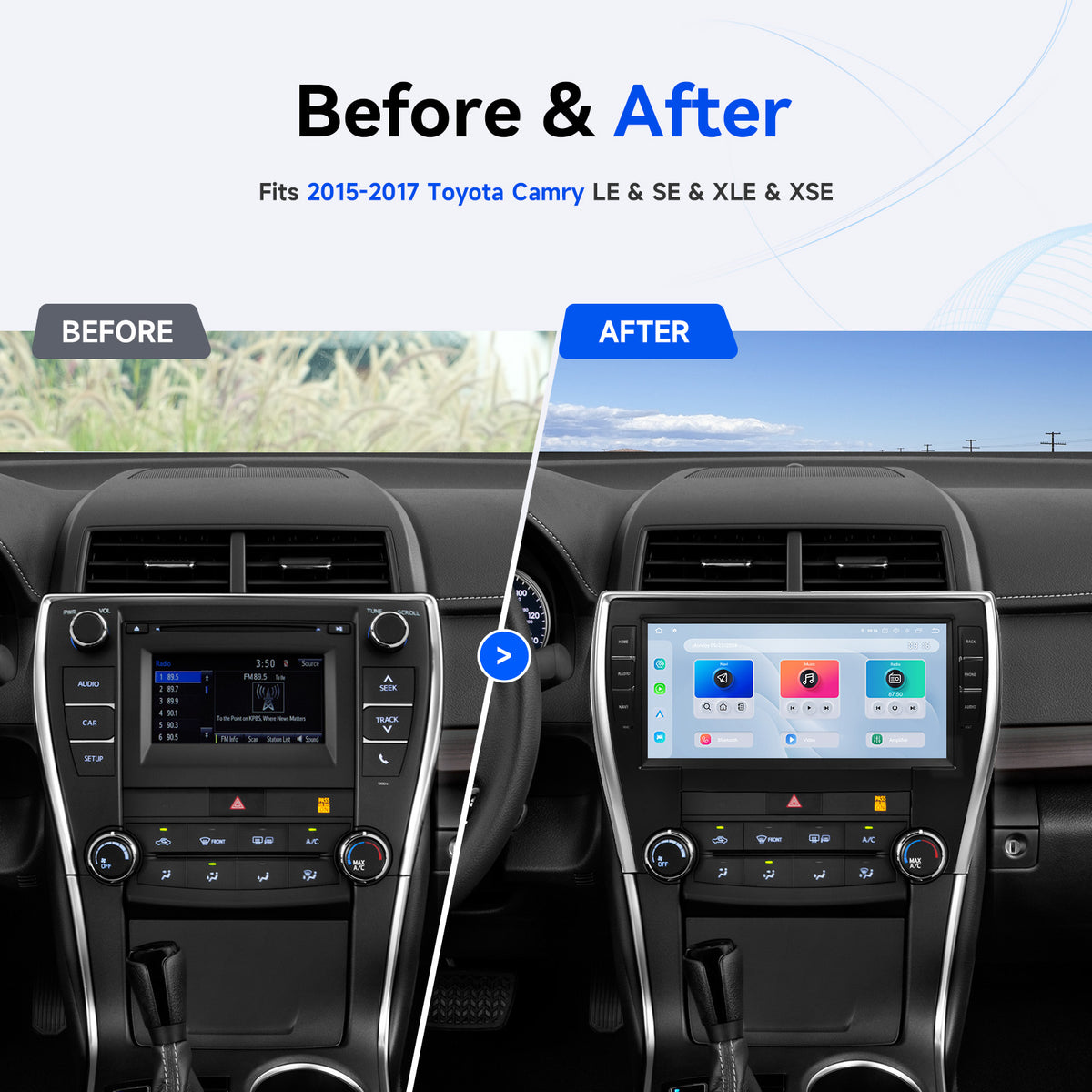Before-and-after comparison of the factory radio and Dasaita stereo in a Toyota Camry