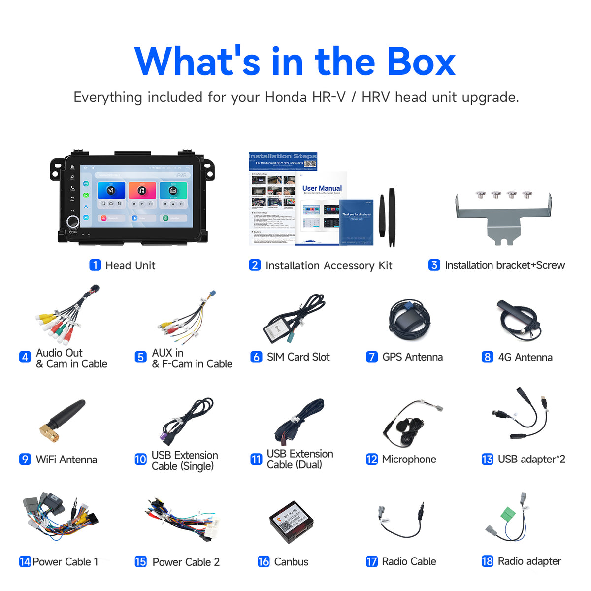 Dasaita Honda HR-V car stereo package contents and wiring accessories