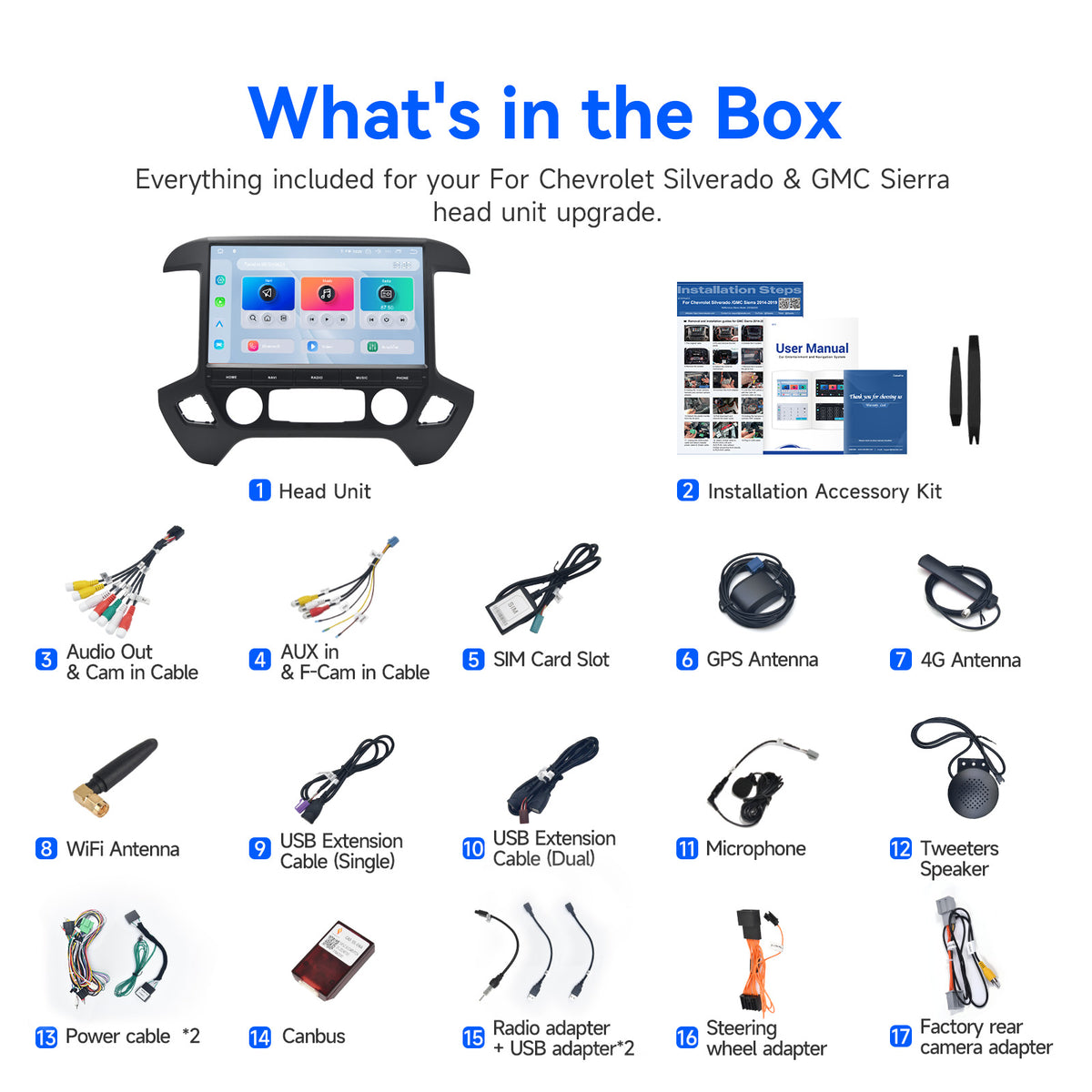 Dasaita Silverado Sierra head unit package with CANBUS wiring and installation accessories