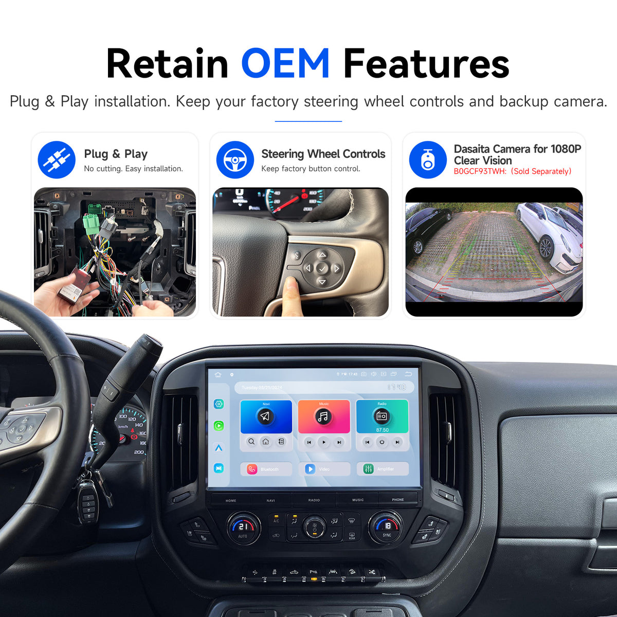 Dasaita Silverado Sierra head unit retaining steering wheel controls and backup camera