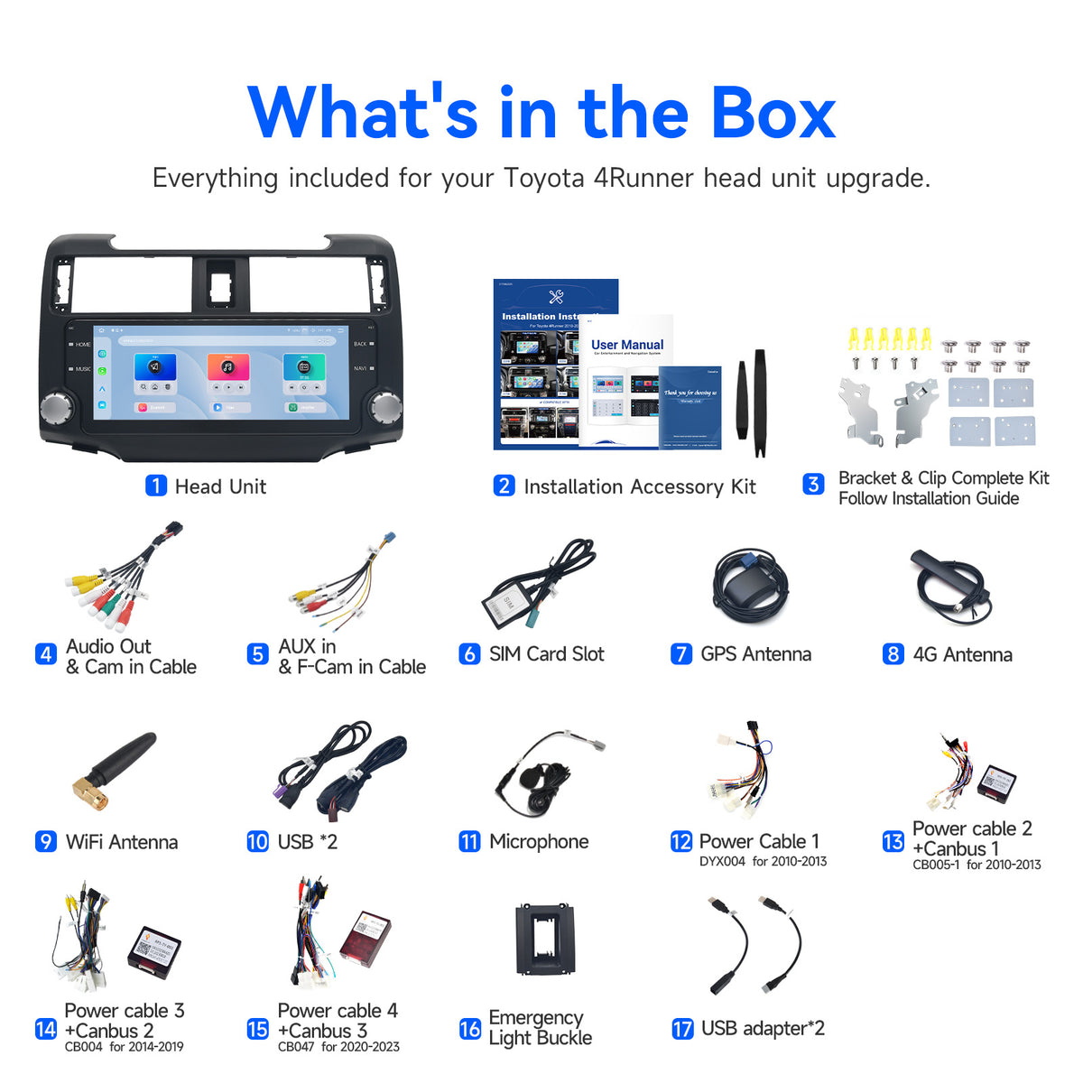 Dasaita Toyota 4Runner car stereo installation kit with CANBUS harness GPS antenna and accessories