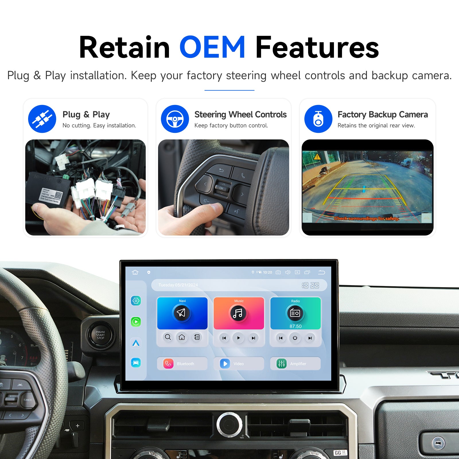 Dasaita Toyota Tacoma head unit – plug and play, retains OEM steering wheel controls and factory backup camera