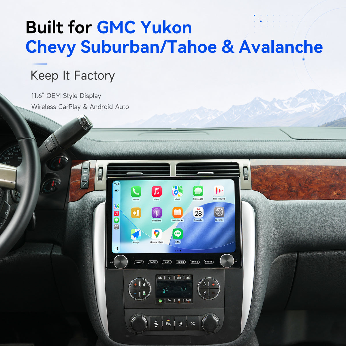 Dasaita touchscreen head unit installed in a wood-trim GM dashboard