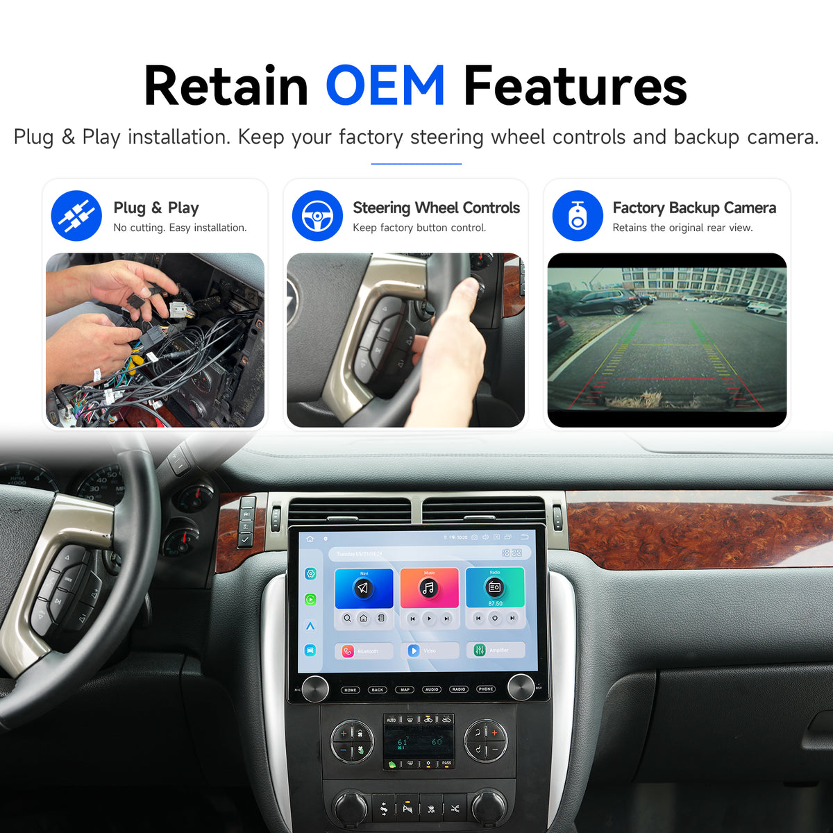 GM head unit display with steering-wheel controls and a backup-camera view