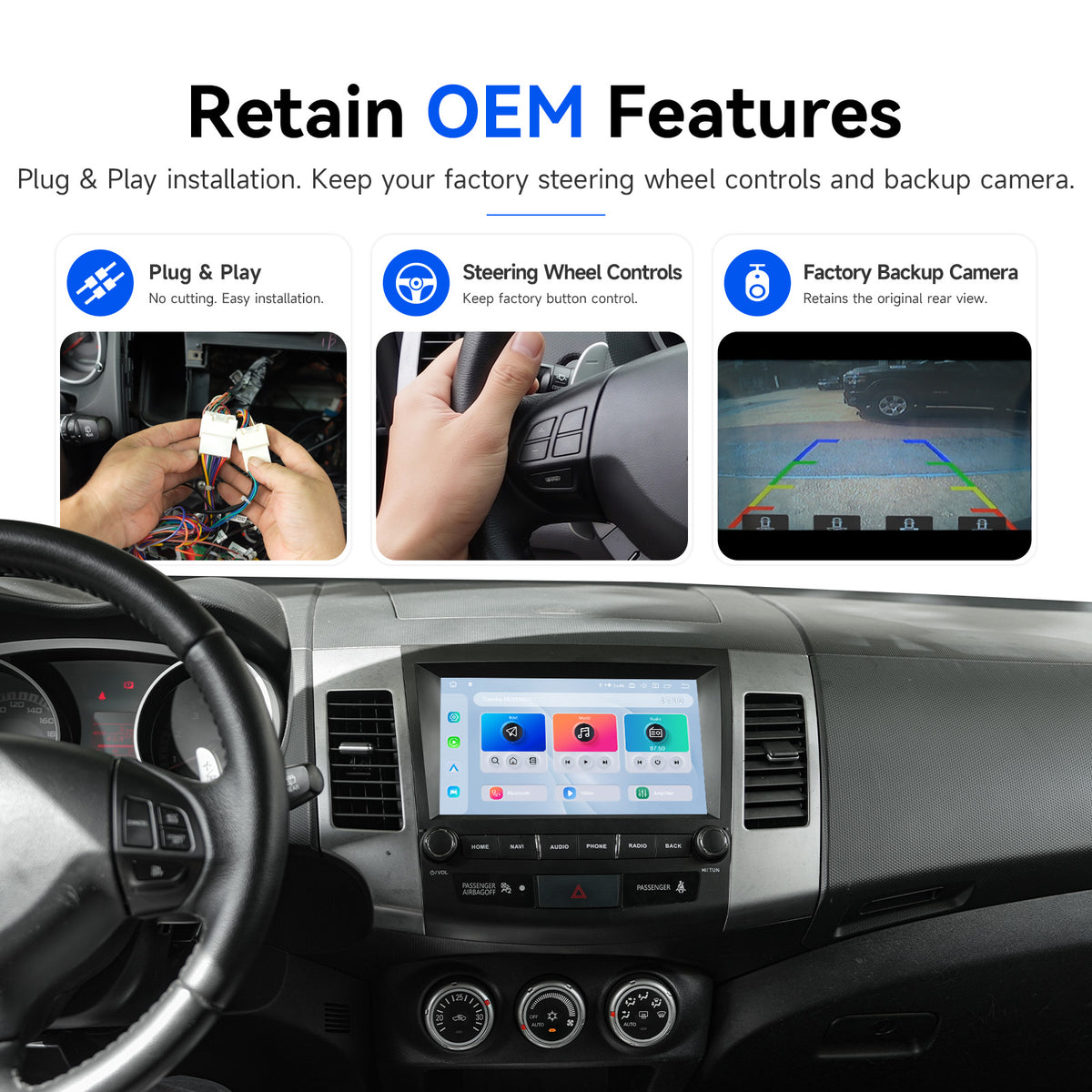Outlander head unit with steering-wheel controls and factory backup camera