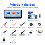 RAV4 stereo package contents, including the head unit, wiring, antennas, and accessories.