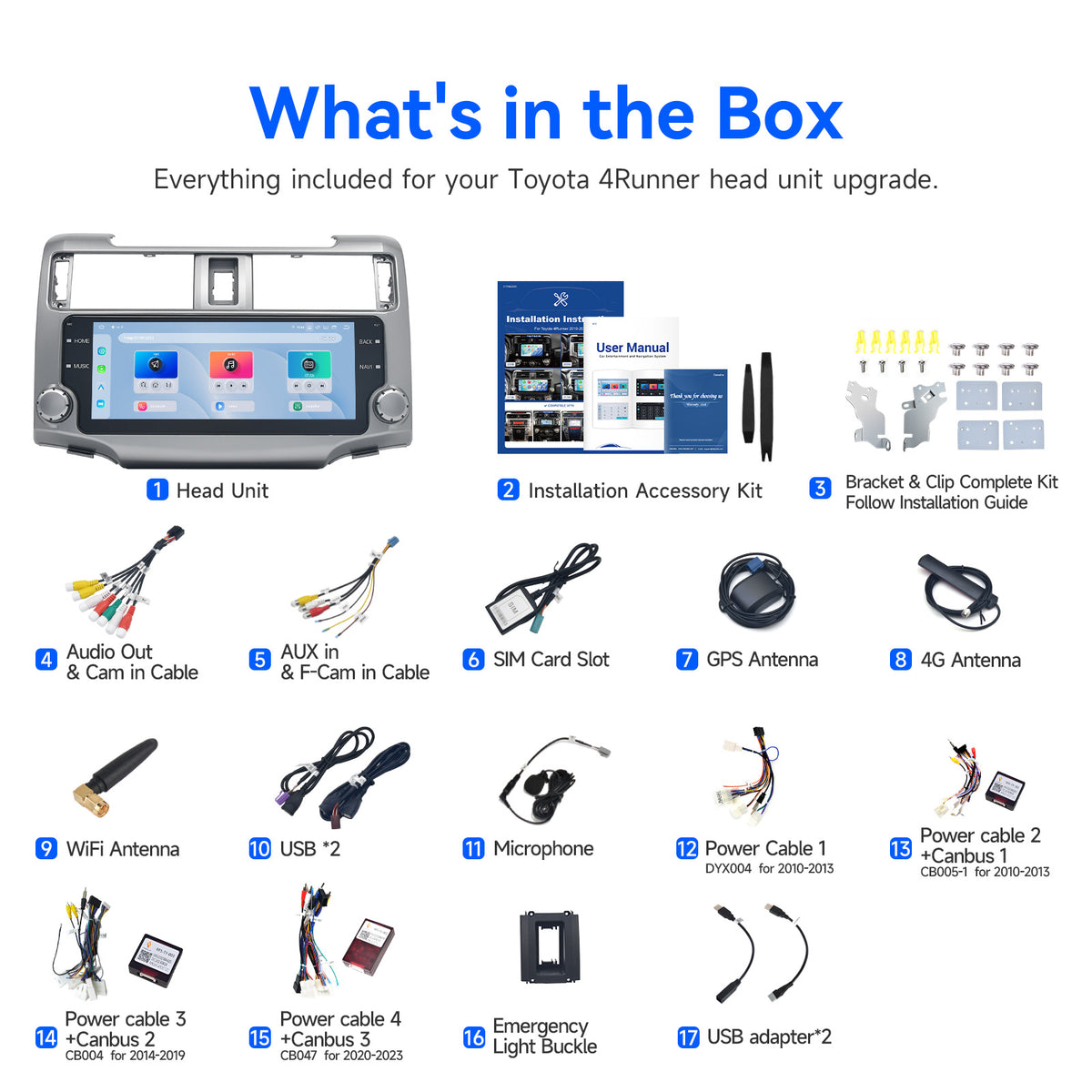 Silver Dasaita Toyota 4Runner stereo installation kit with CANBUS harness GPS antenna and accessories
