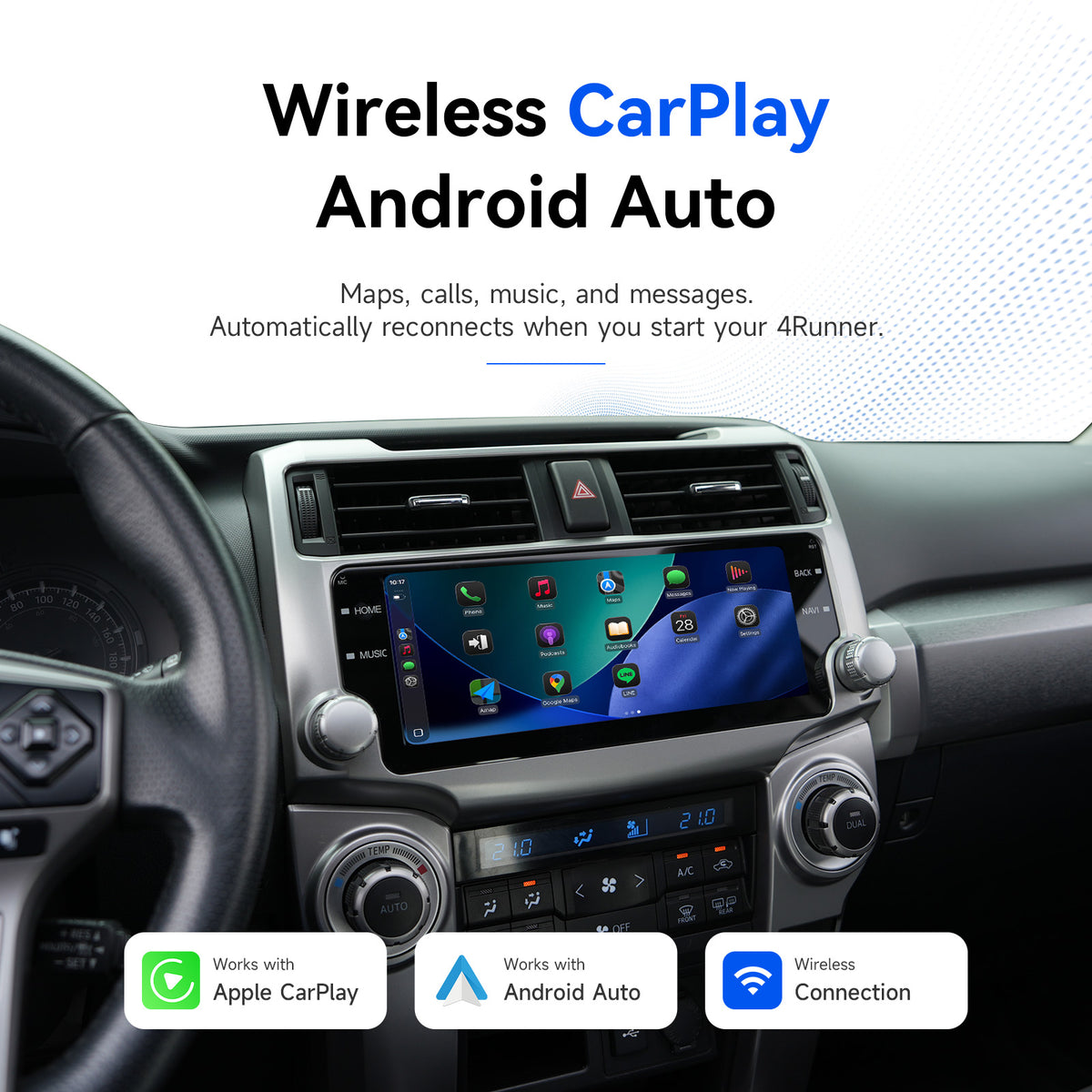 Silver Toyota 4Runner head unit with wireless Apple CarPlay and Android Auto