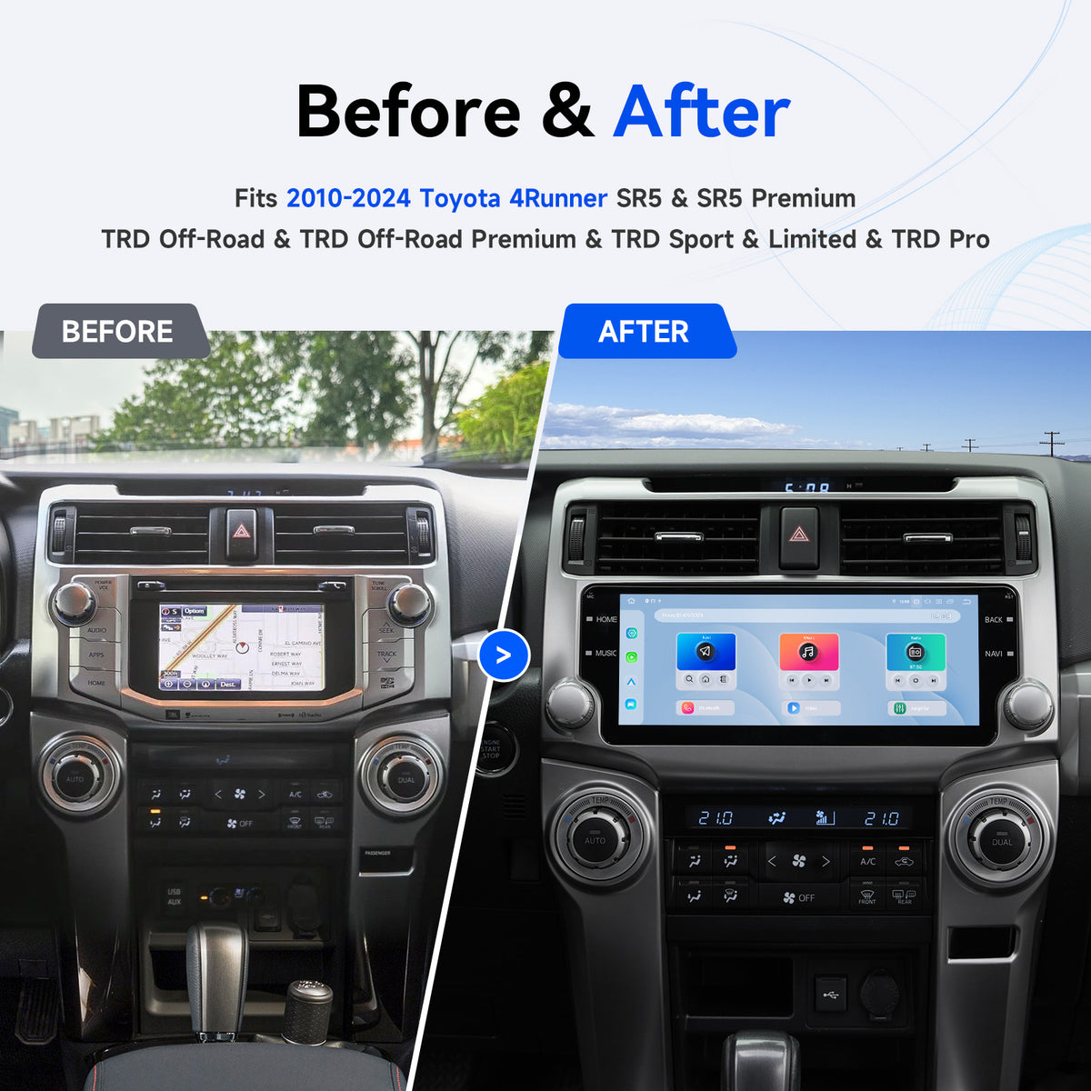 Toyota 4Runner factory radio before and silver Dasaita 10.25 inch head unit after installation
