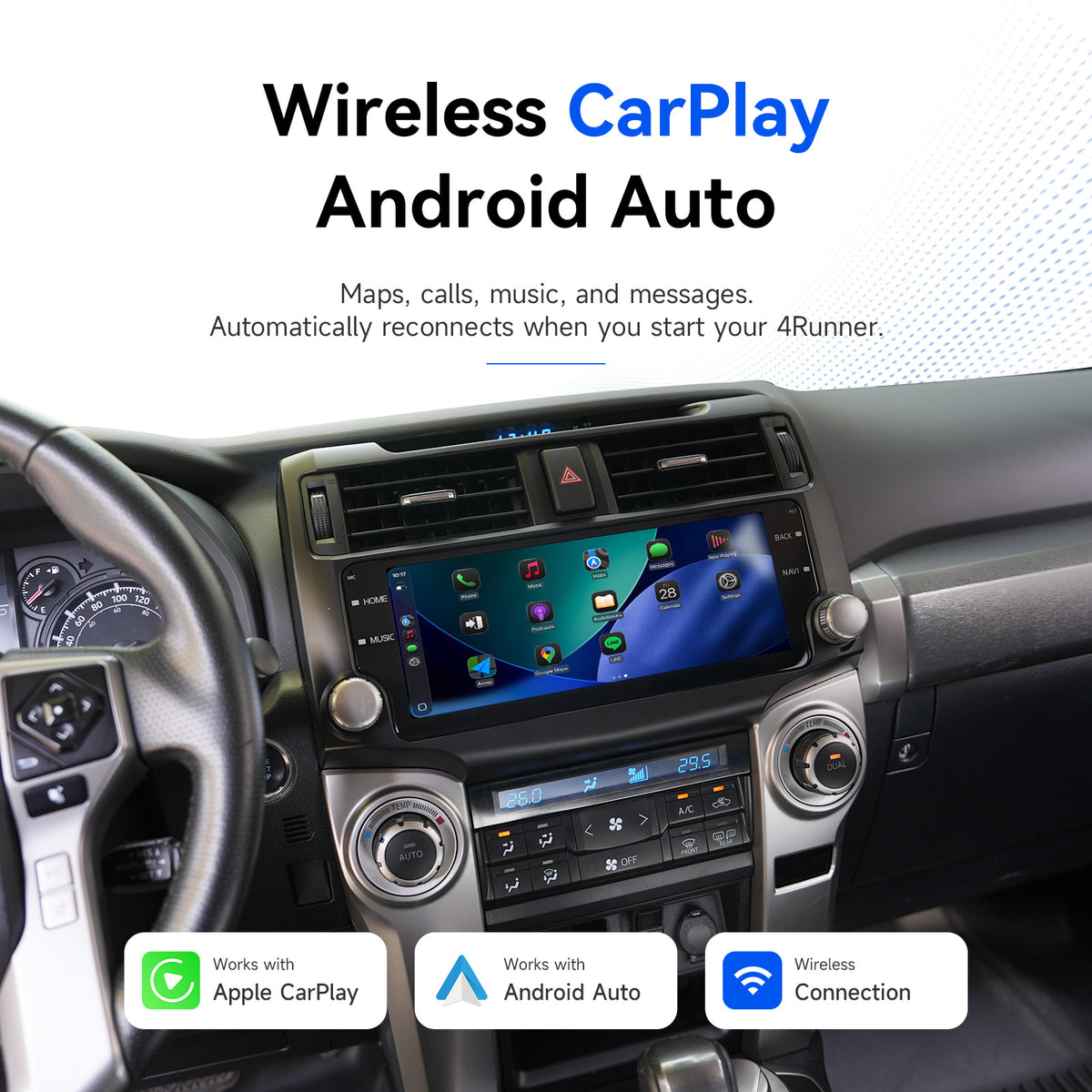 Toyota 4Runner head unit with wireless Apple CarPlay and Android Auto