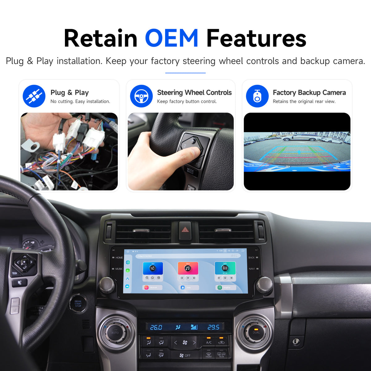 Toyota 4Runner plug and play stereo with steering wheel controls and factory backup camera retention
