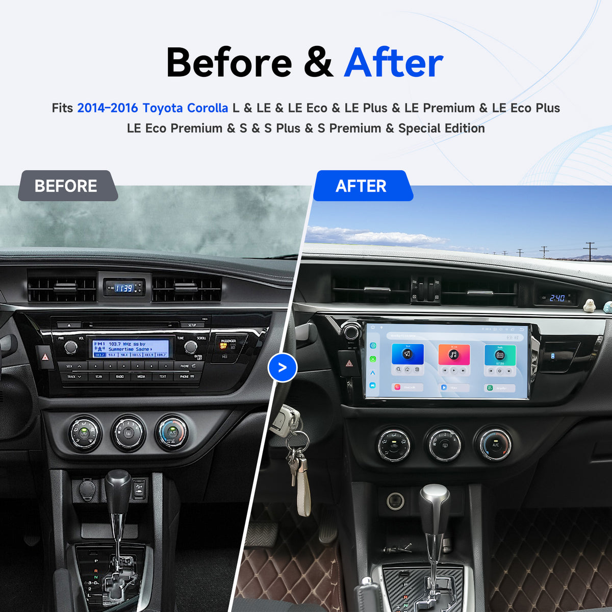 Toyota Corolla factory radio and Dasaita stereo before and after