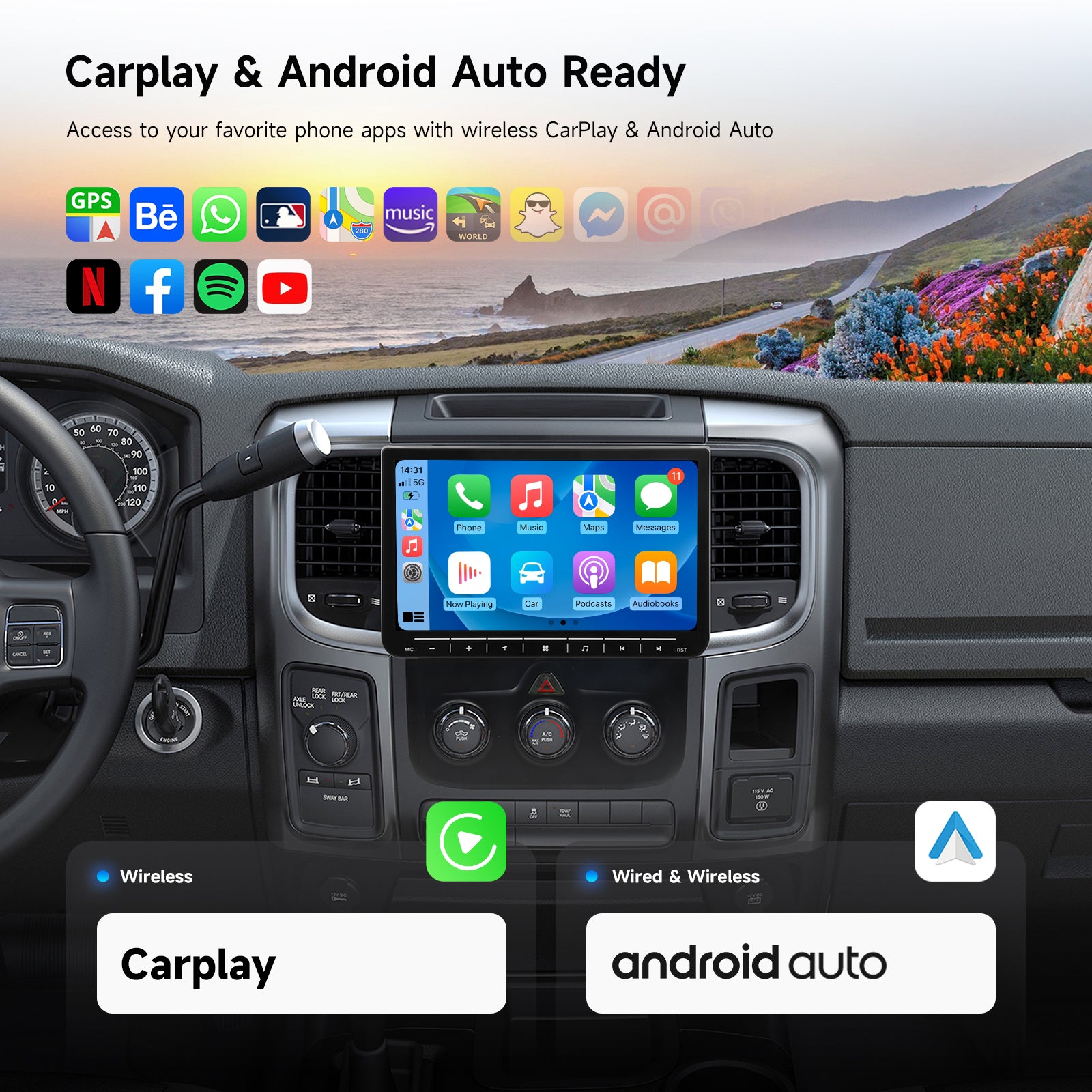 Dasaita Android 13 2013-2024 Dodge RAM 1500/2500/3500 Android Head Unit | 10.2" Touchscreen Radio with Auto/Manual AC Frame & Wireless CarPlay