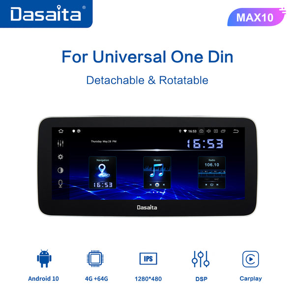 Dasaita MAX10 Universal Single Din Car Stereo 10.25 Inch Carplay Android Auto PX6 4G+64G Android10 1280*480 DSP AHD Radio