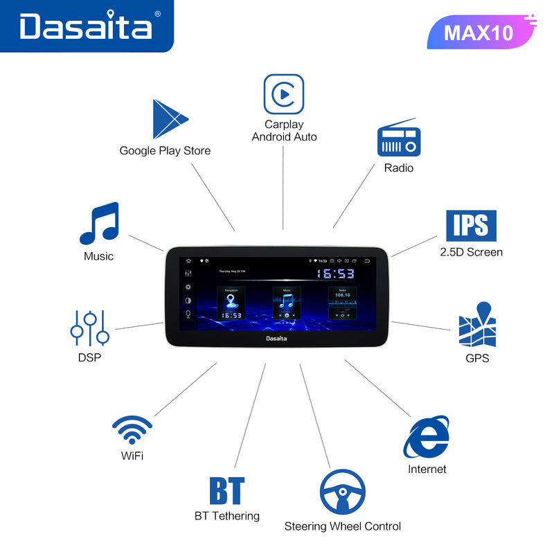 Dasaita MAX10 Universal Single Din Car Stereo 10.25 Inch Carplay Android Auto PX6 4G+64G Android10 1280*480 DSP AHD Radio