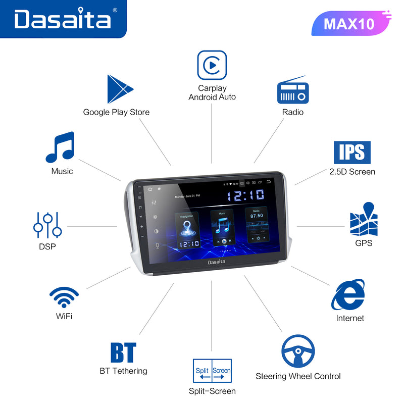 Dasaita MAX10/MAX11 Peugeot 208 2008 2012 2013 2014 2015 2016 Car Stereo 10.2 Inch Carplay Android Auto PX6 4G+64G Android10/Android11 1280*720 DSP AHD Radio