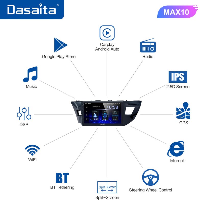 Dasaita MAX11 Toyota Corolla  2014 2015 2016 LHD Car Stereo 10 Inch Carplay Android Auto PX6 4G+64G Android11 1280*720 DSP AHD Radio