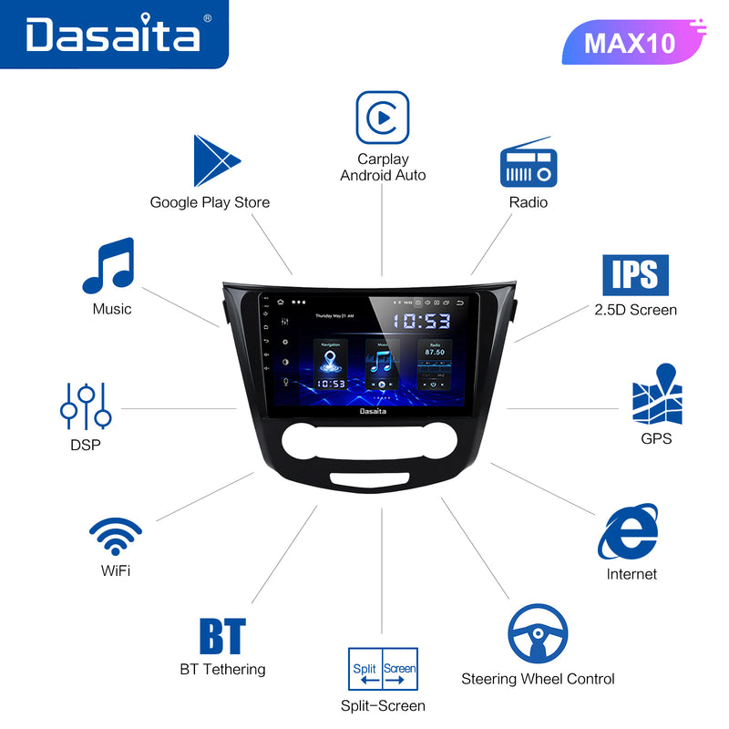 Dasaita MAX10 Nissan Qashqai 2014 2015 2016 2017 2018 Car Stereo 10.2 Inch Carplay Android Auto PX6 4G+64G Android10 1280*720 DSP AHD Radio