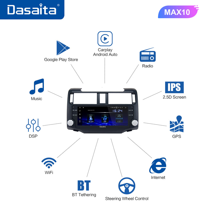 Dasaita MAX11 Toyota 4Runner 2010 2012 2013 2014 2015 2016 2017 2018 2019 Car Stereo 10.25 Inch Carplay Android Auto PX6 4G+64G Android11 Black 1280*480 DSP AHD Radio