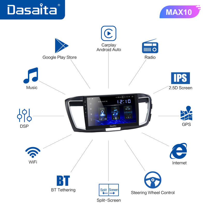 Dasaita MAX11 Honda Accord 2013 2014 2015 2016 2017 LHD Car Stereo 10.2 Inch Carplay Android Auto PX6 4G+64G Android11 1280*720 DSP AHD Radio