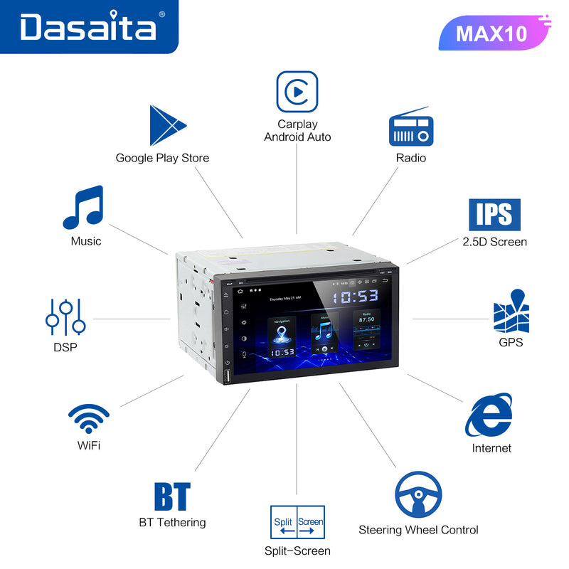 Dasaita MAX11 Universal Double Din Car Stereo 6.95 Inch Carplay Android Auto PX6 4G+64G Android11 800*480 DSP AHD Radio